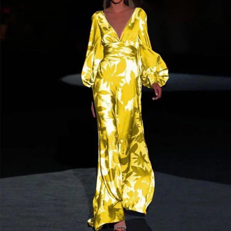 Wieczorowa sukienka maxi z głębokim dekoltem i bufiastymi rękawami - vivano - warszawa