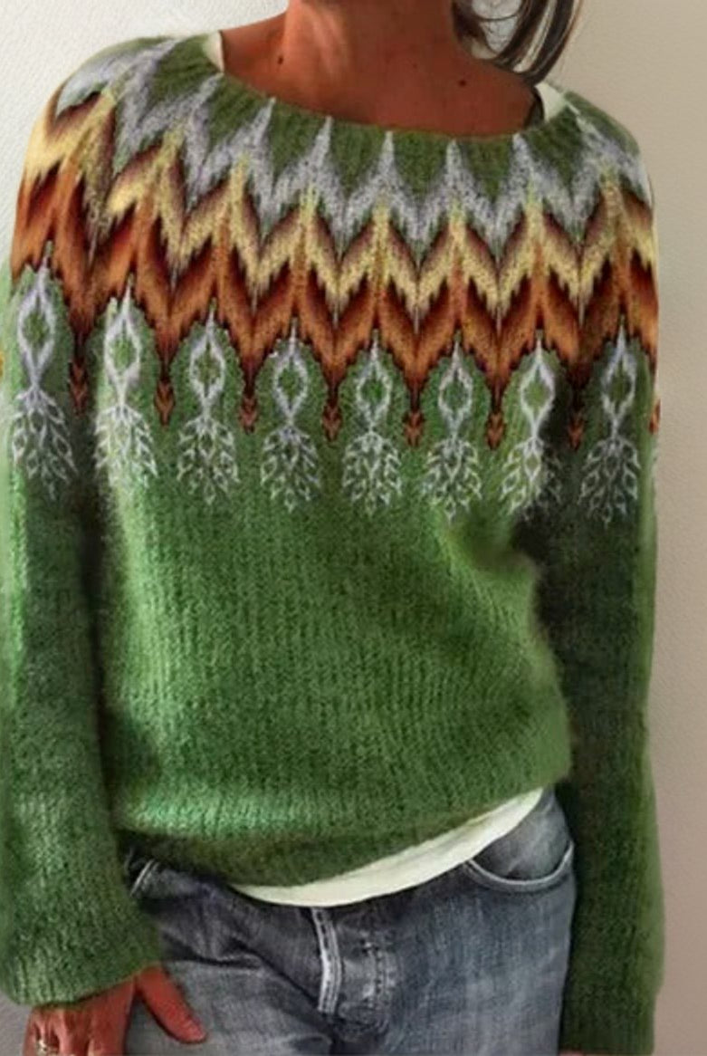 Damski sweter w wzór Fair Isle | Geometric knit, crew neck