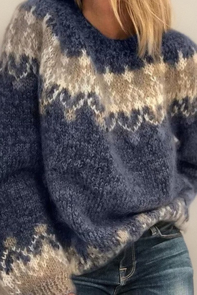 Sweter damski w paski | Wzór nordycki jacquard | Okrągły kołnierz