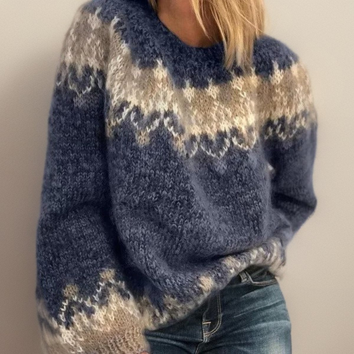 Sweter damski w paski | Wzór nordycki jacquard | Okrągły kołnierz