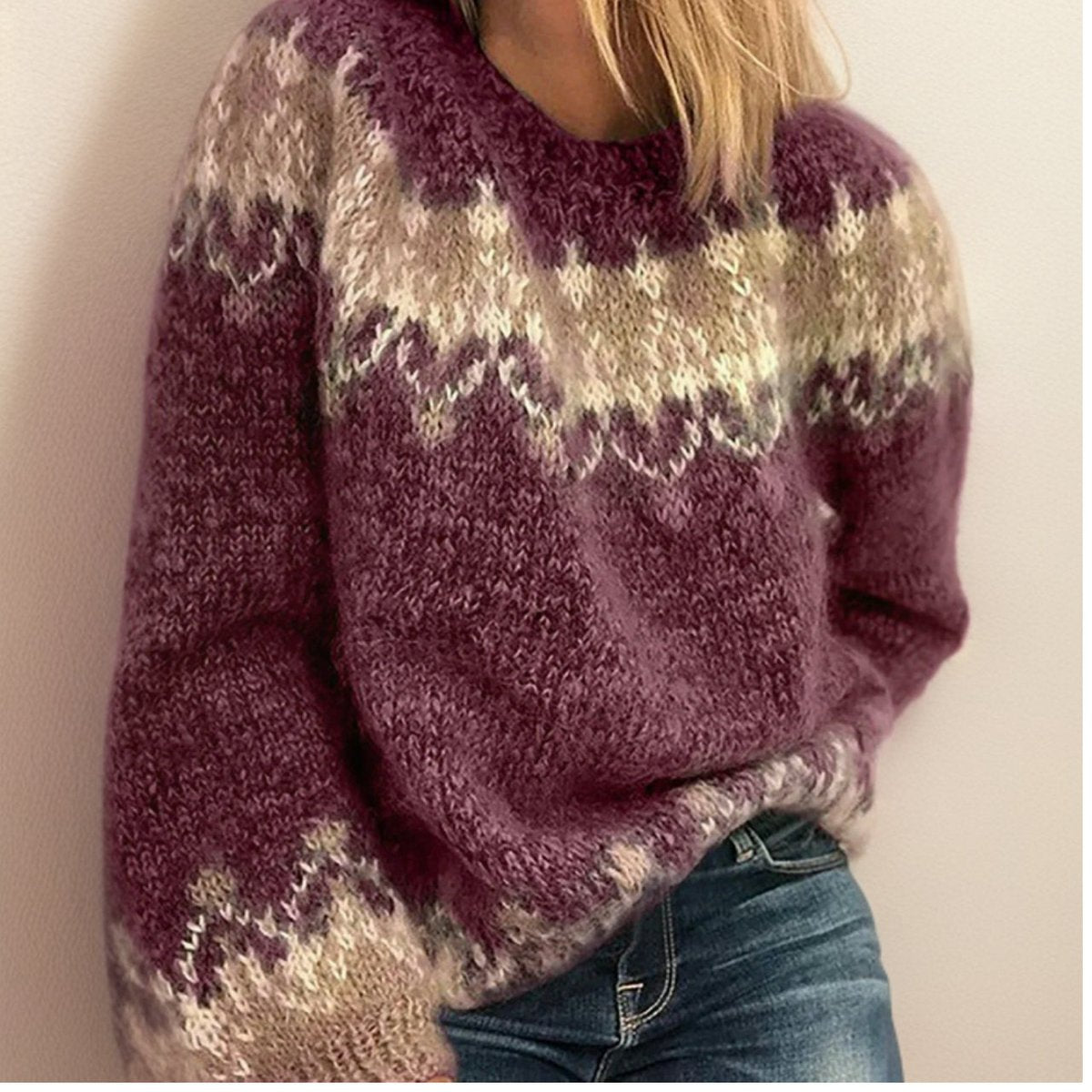 Sweter damski w paski | Wzór nordycki jacquard | Okrągły kołnierz