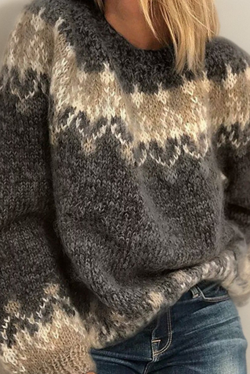 Sweter damski w paski | Wzór nordycki jacquard | Okrągły kołnierz