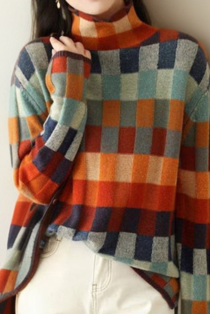Damski sweter | Golfik, ciepła dzianina | Kratka wielokolorowa