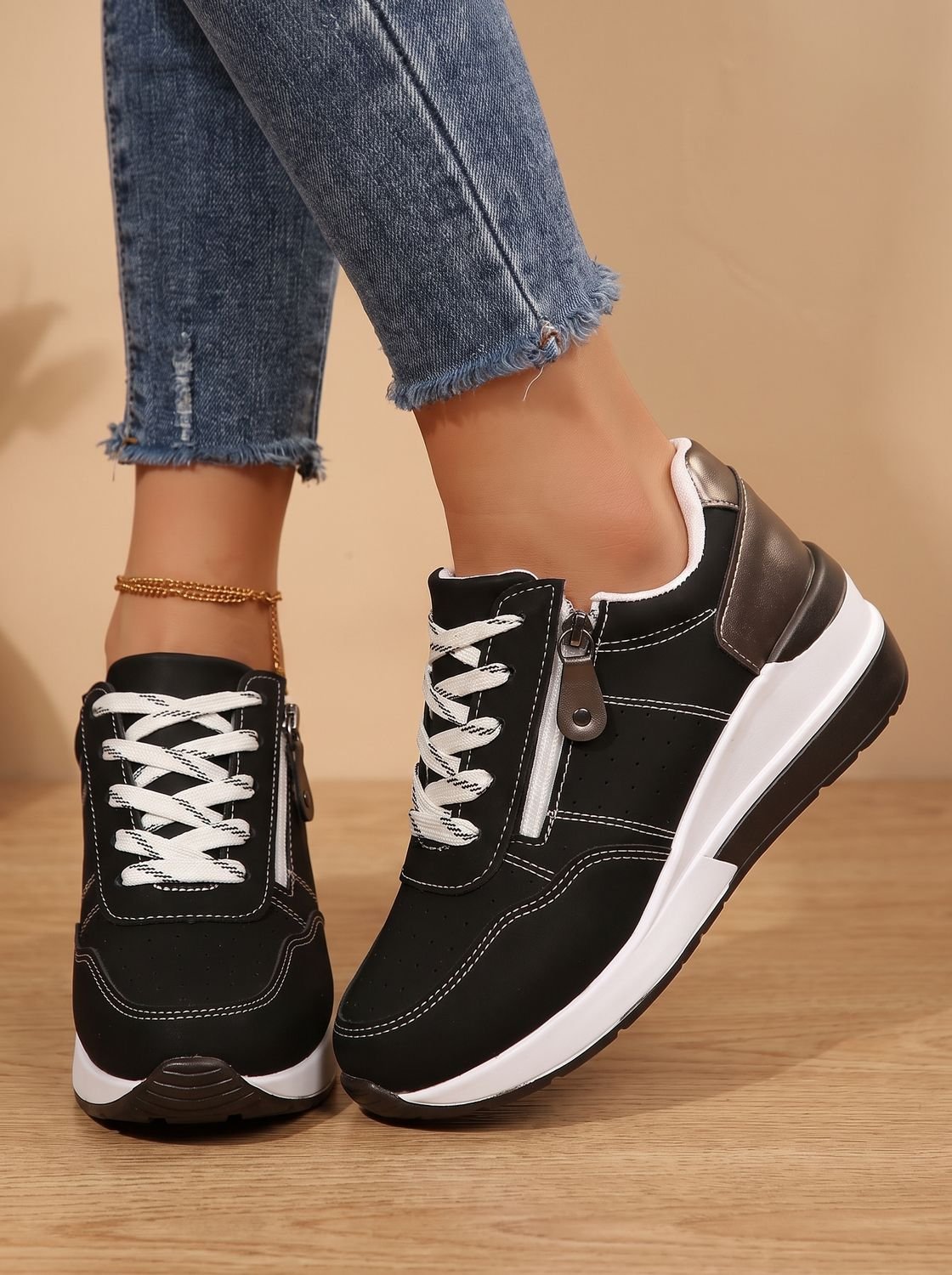 Damskie ortopedyczne sneakersy na koturnie sznurowane z zamkiem bocznym