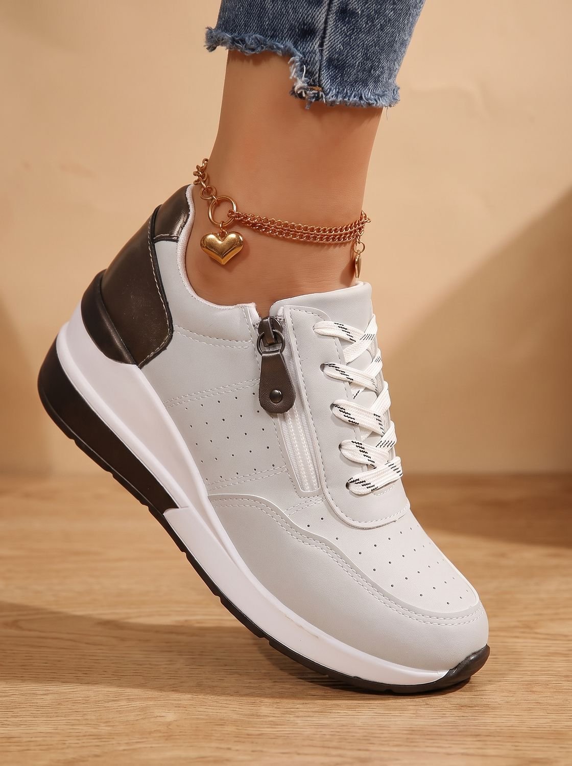 Damskie ortopedyczne sneakersy na koturnie sznurowane z zamkiem bocznym