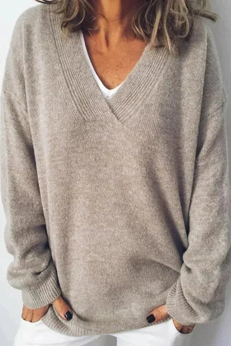 Sweter damski | Dekolt V, luźny krój | Miękki splot, długie rękawy