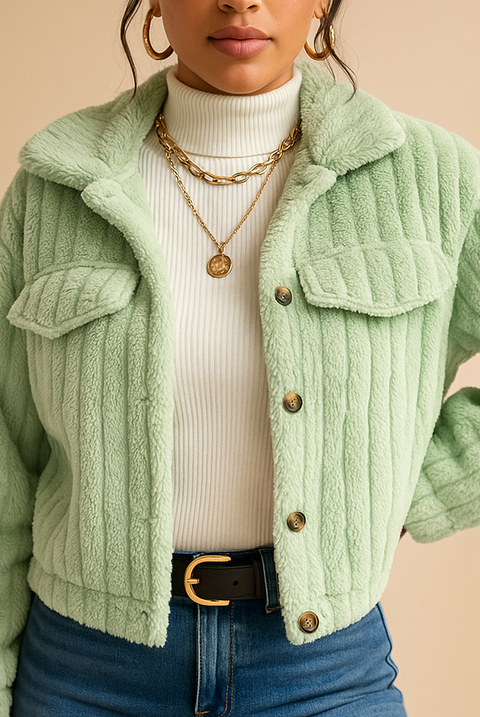Sweter rozpinany | Miękka tekstura teddy, krótki krój