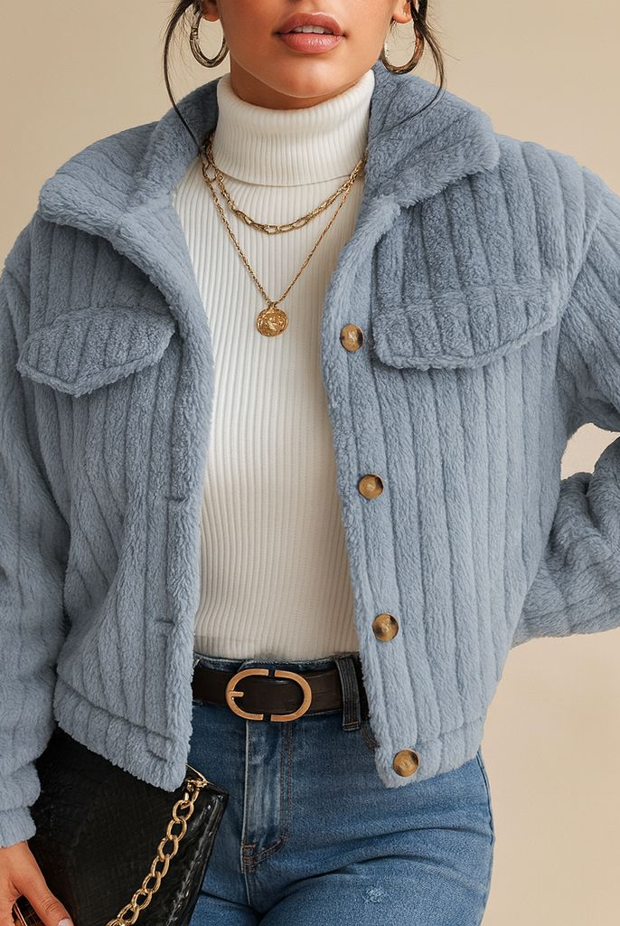 Sweter rozpinany | Miękka tekstura teddy, krótki krój