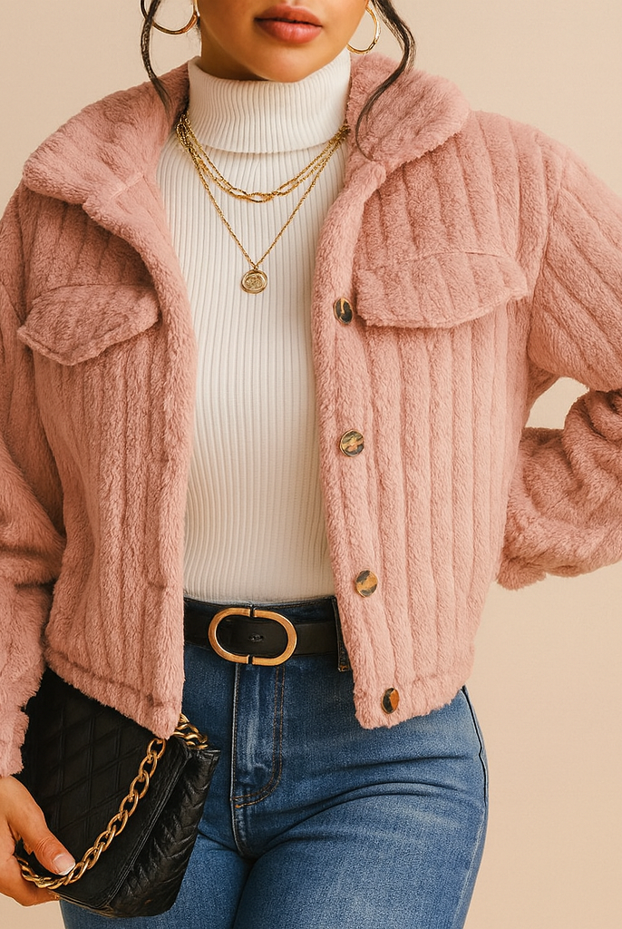 Sweter rozpinany | Miękka tekstura teddy, krótki krój
