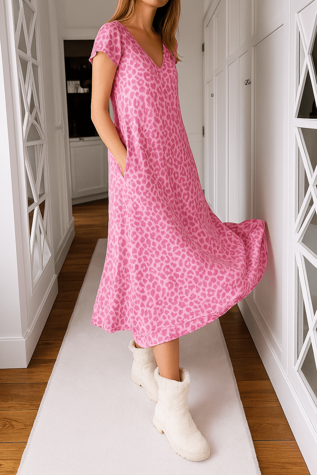 Zwiewna Kolorowa Sukienka Maxi z Wzorem w Panterkę - vivano - warszawa