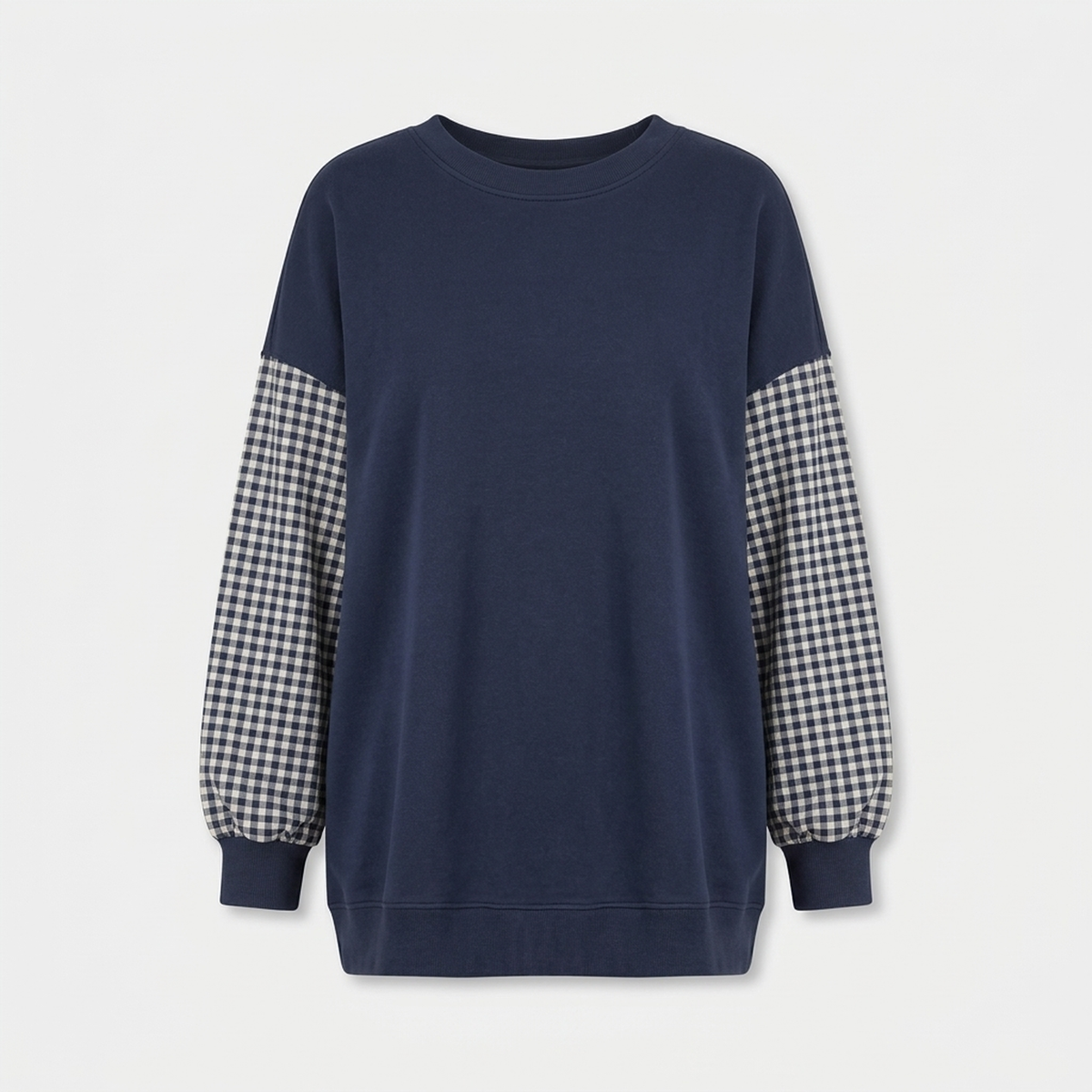 Damski Luźny Top Patchwork Krata Okrągły Kołnierz
