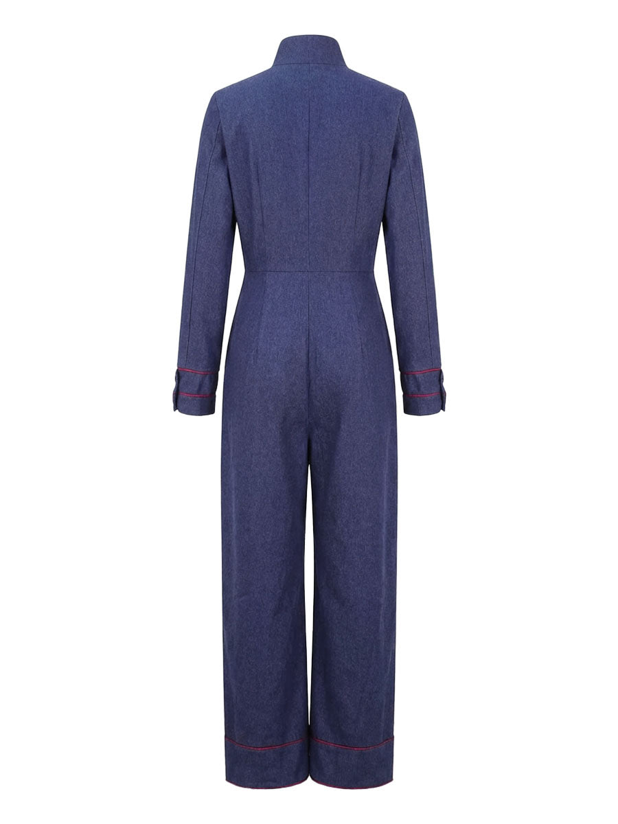 Kombinezon denim | Szerokie nogawki, długie rękawy, stójka
