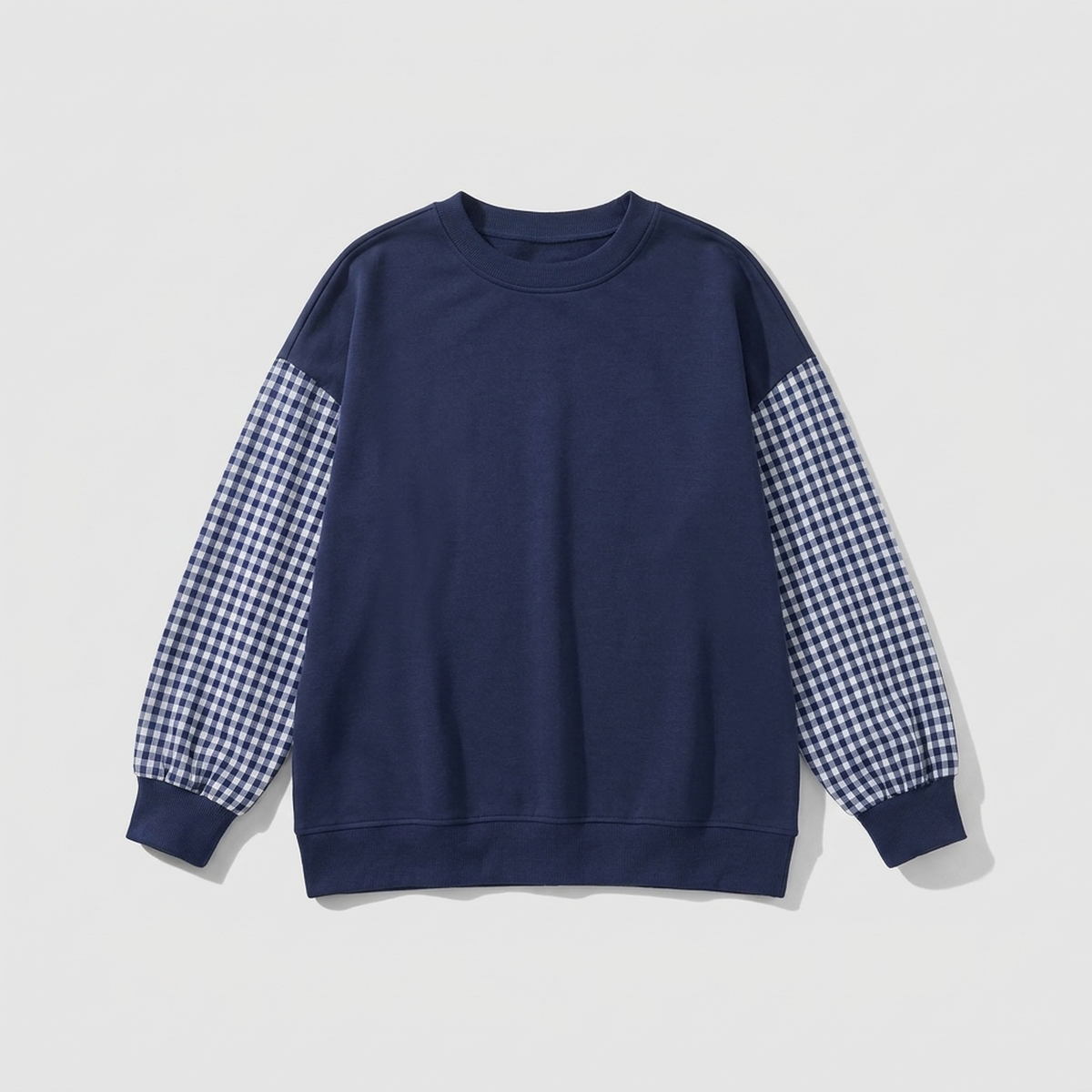 Damski Luźny Top Patchwork Krata Okrągły Kołnierz