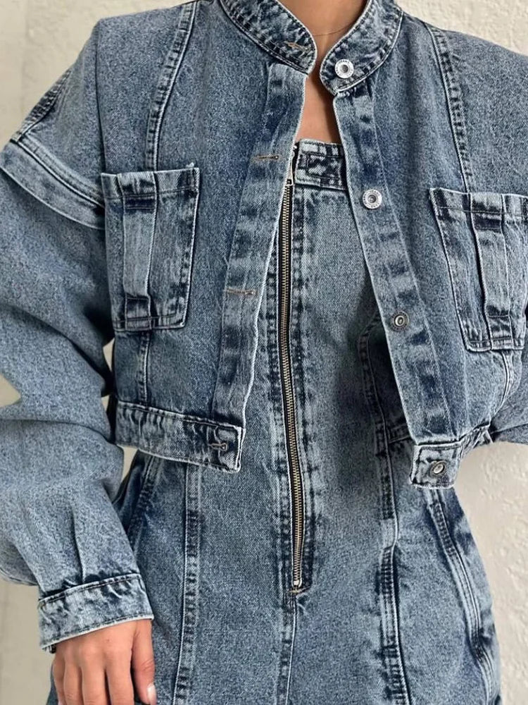 Kombinezon damski | Denim z pilotem, zamek błyskawiczny