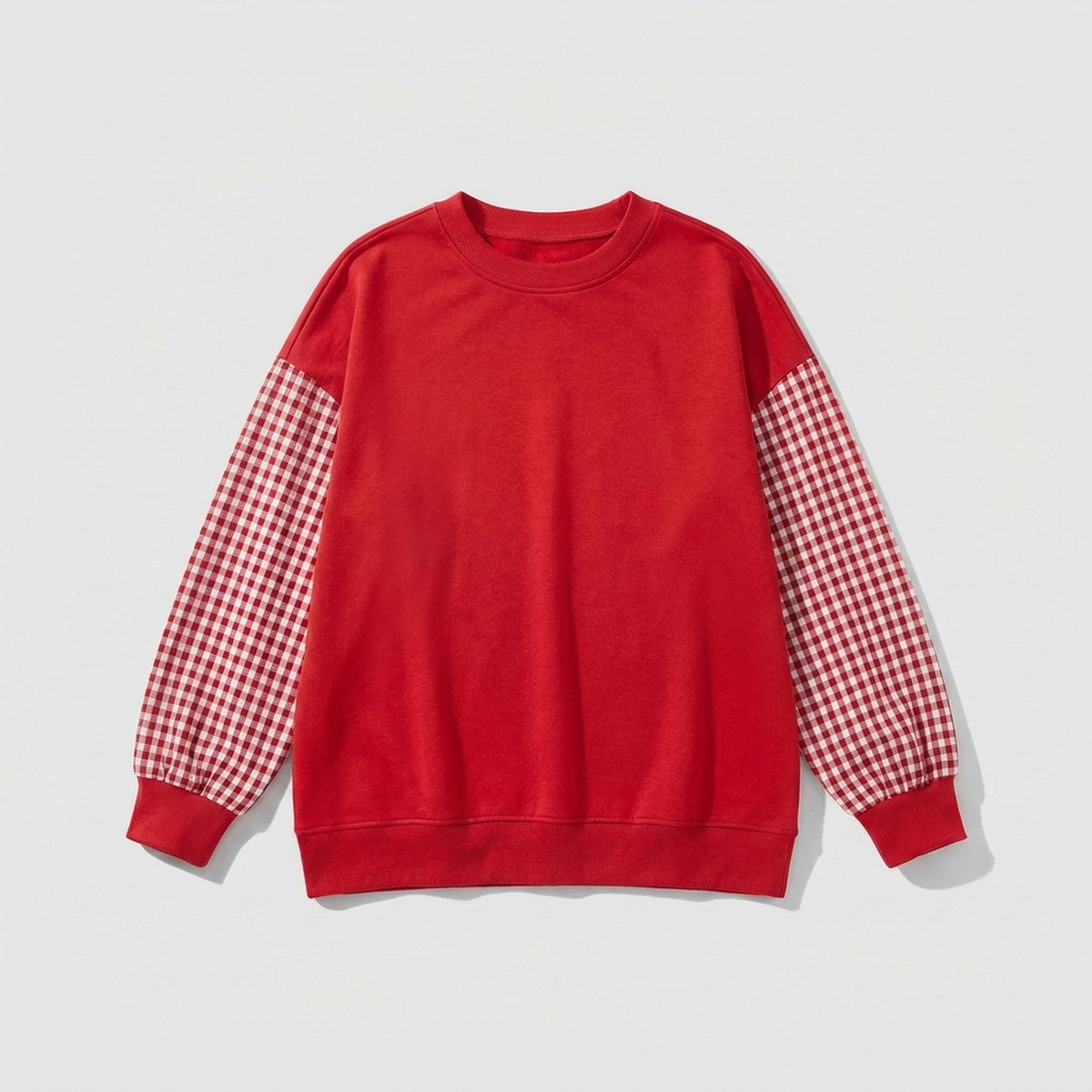 Damski Luźny Top Patchwork Krata Okrągły Kołnierz