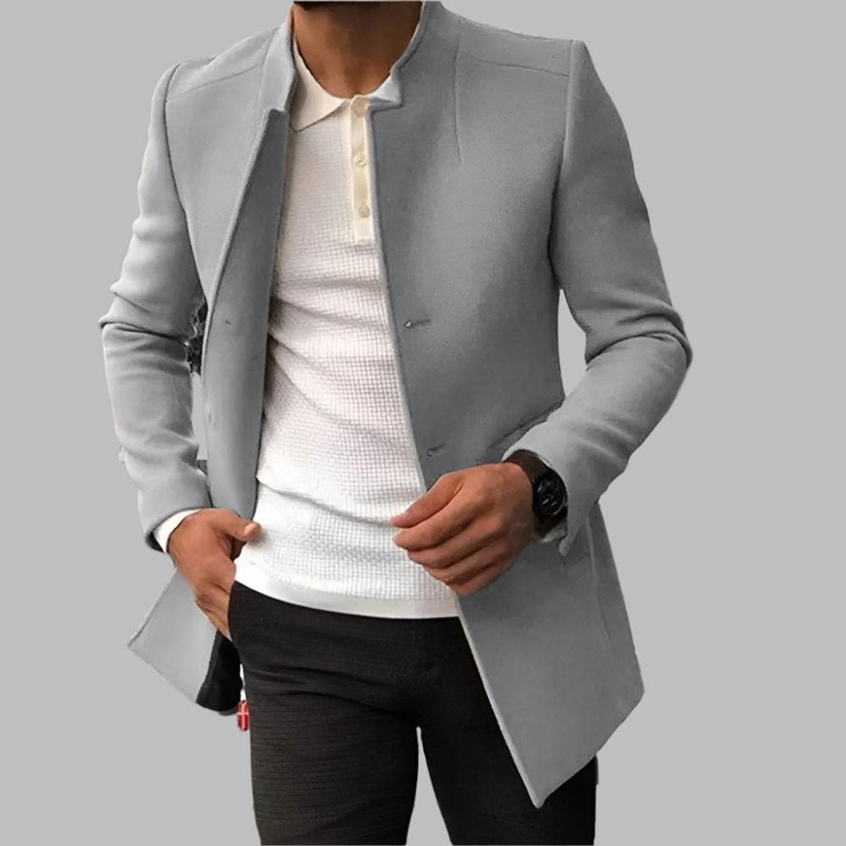 Męski wełniany płaszcz slim fit ze stójką