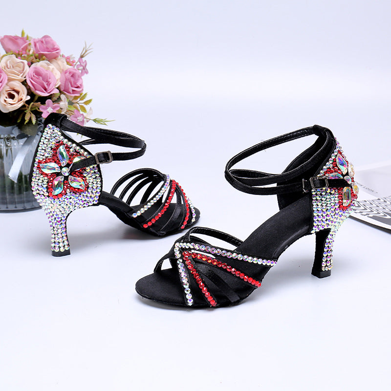Buty do Tańca Latynoskiego | Satyna z Kryształkami, Obcas Średnio-Wysoki