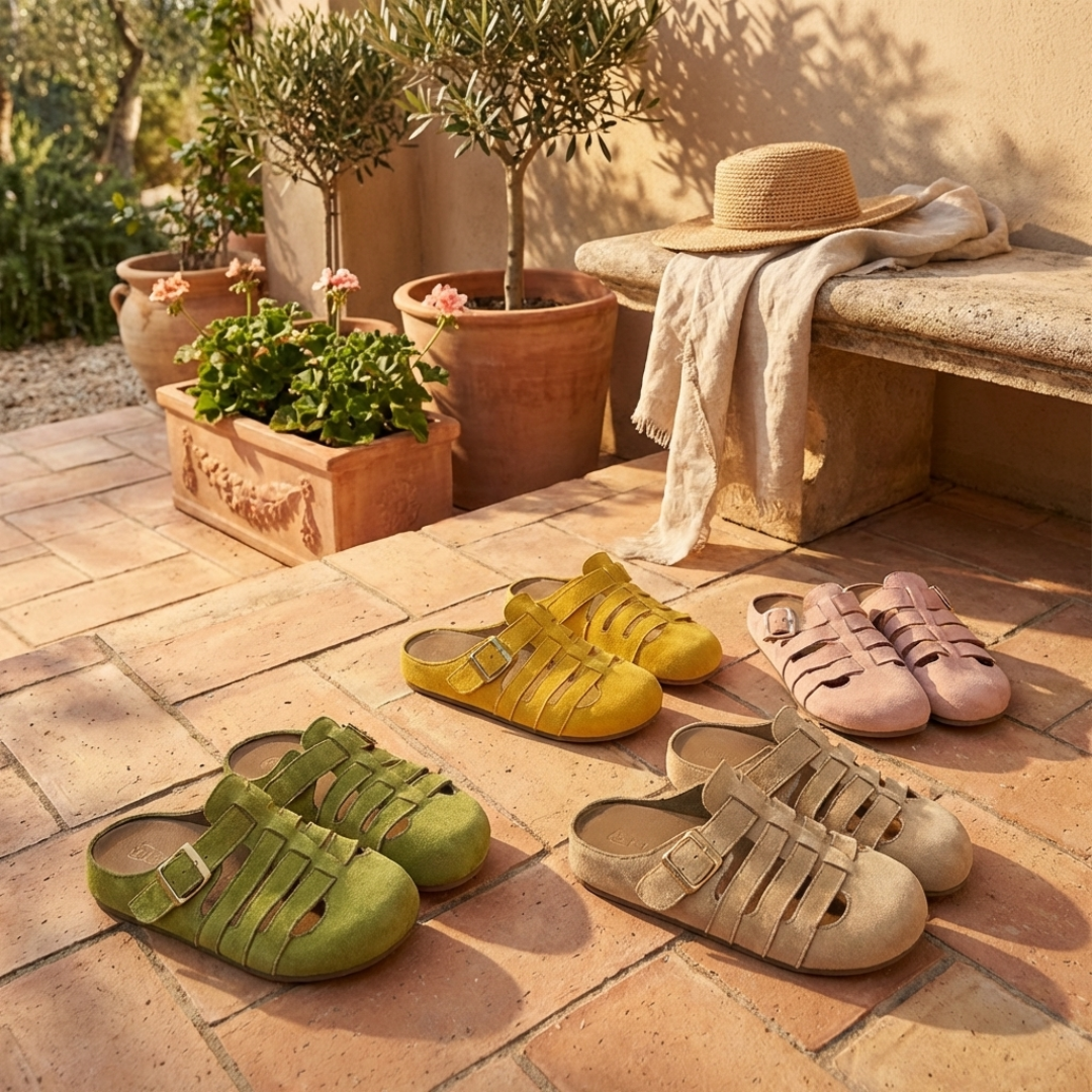 Women slip-on mule sandals with orthopedic footbed and adjustable buckle