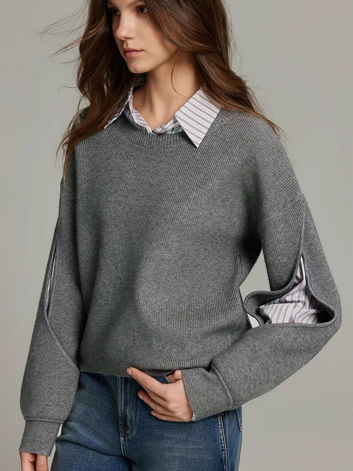 Damski Sweter Prążkowany Colorblock Nowoczesny