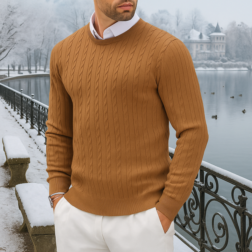 Męski sweter slim fit - okrągły dekolt - cienka dzianina