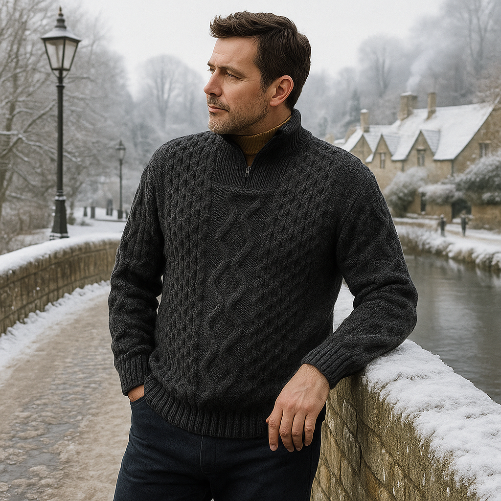 Gestrickowany premium - męski sweter - pół-zamek