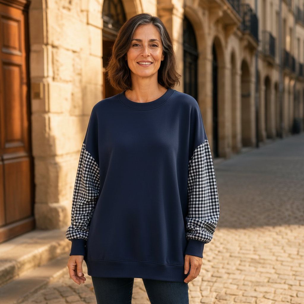 Damski Luźny Top Patchwork Krata Okrągły Kołnierz