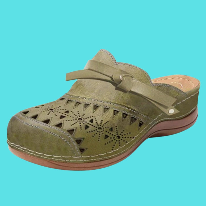 Women flat mules with bow detail slip on cushioned perforated finish