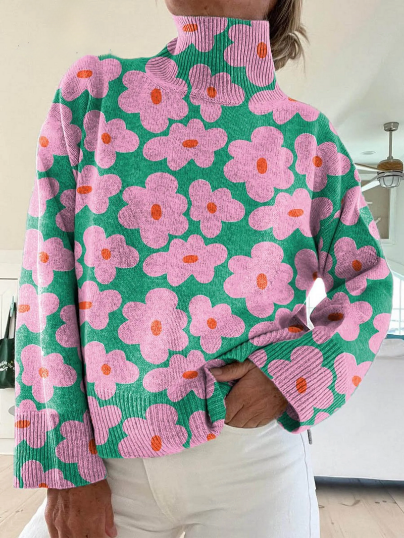 Damski sweter z golfem w kwiatowy wzór retro swobodny krój