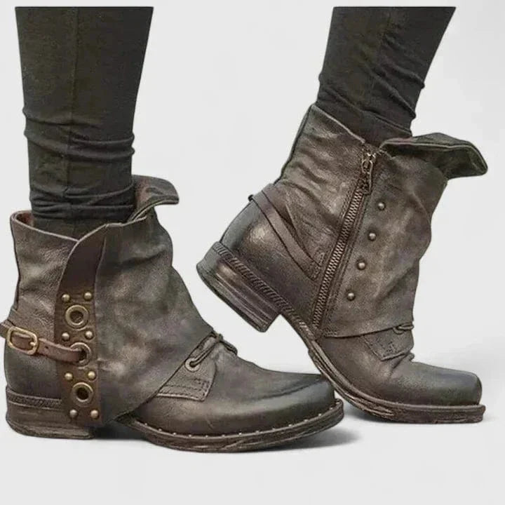 Damskie botki z klamrą vintage niski obcas boczny zamek