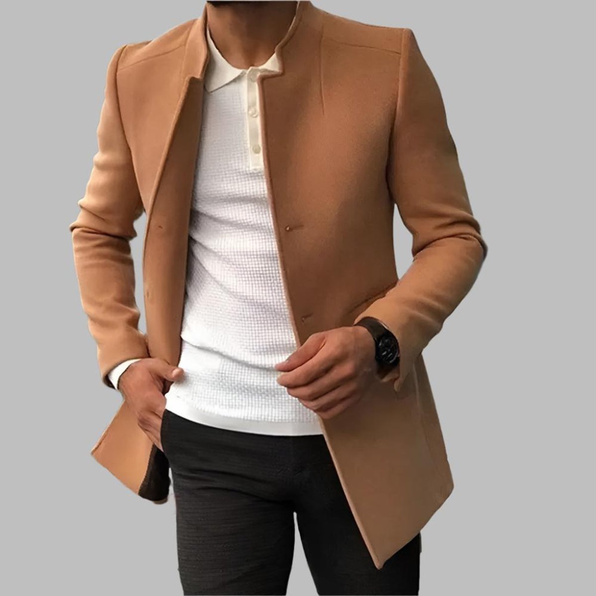 Męski wełniany płaszcz slim fit ze stójką