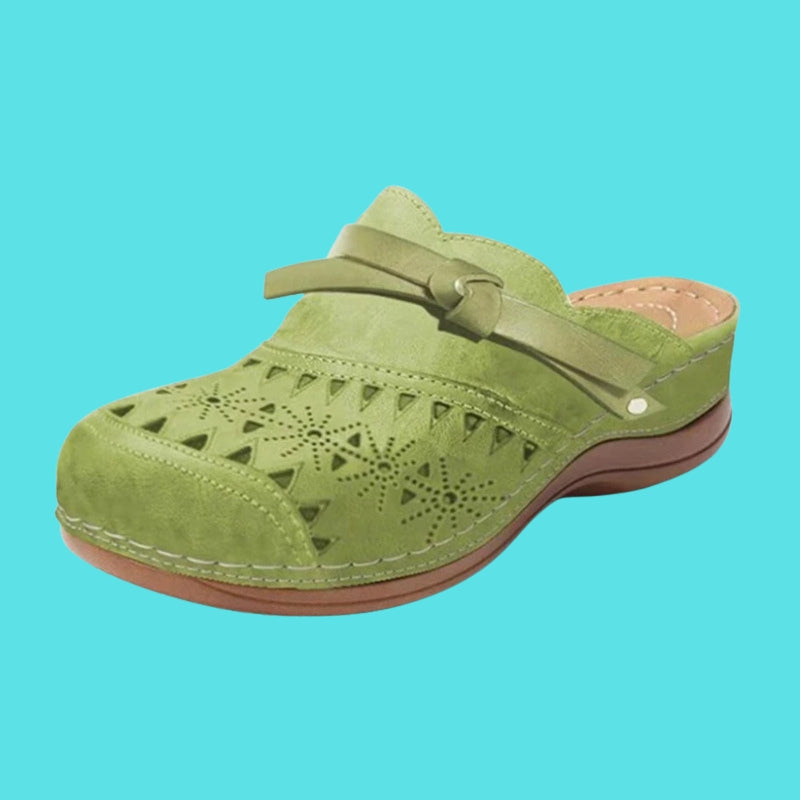 Women flat mules with bow detail slip on cushioned perforated finish