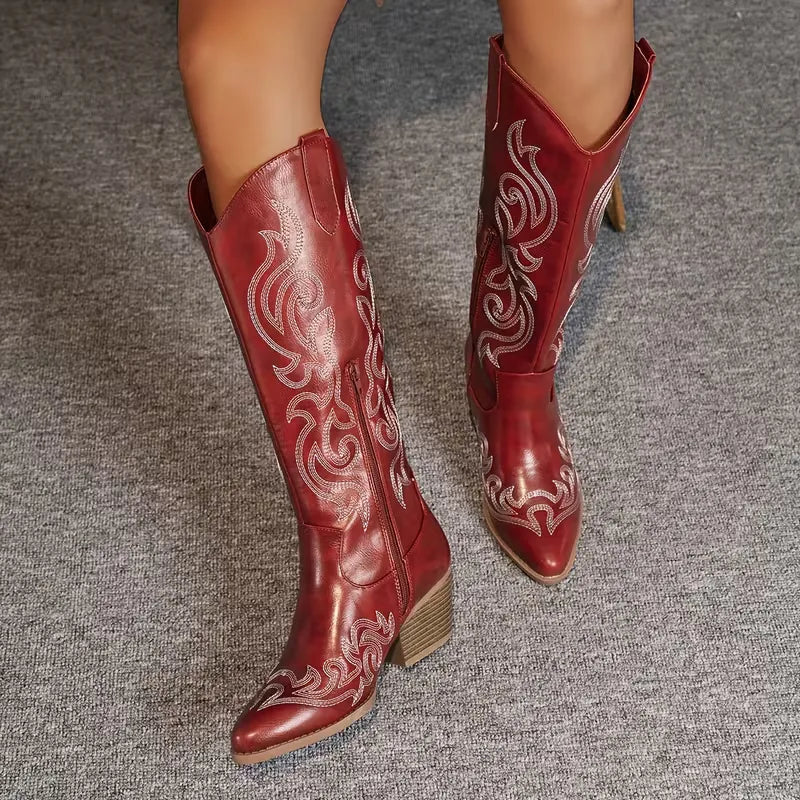 Kowbojskie Buty Damskie | Zamsz, Haft, Średni Obcas