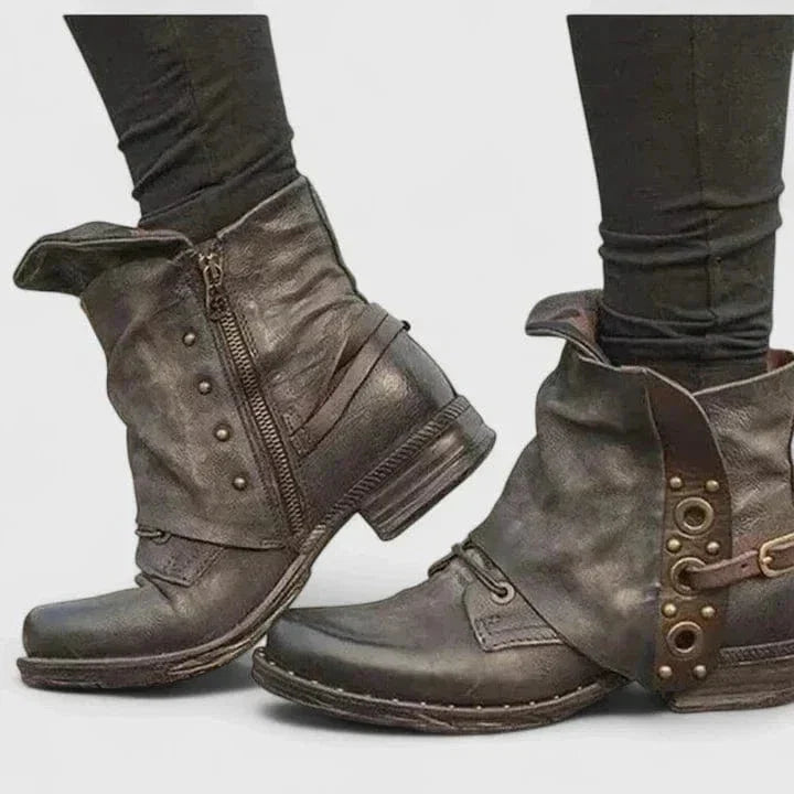 Damskie botki z klamrą vintage niski obcas boczny zamek