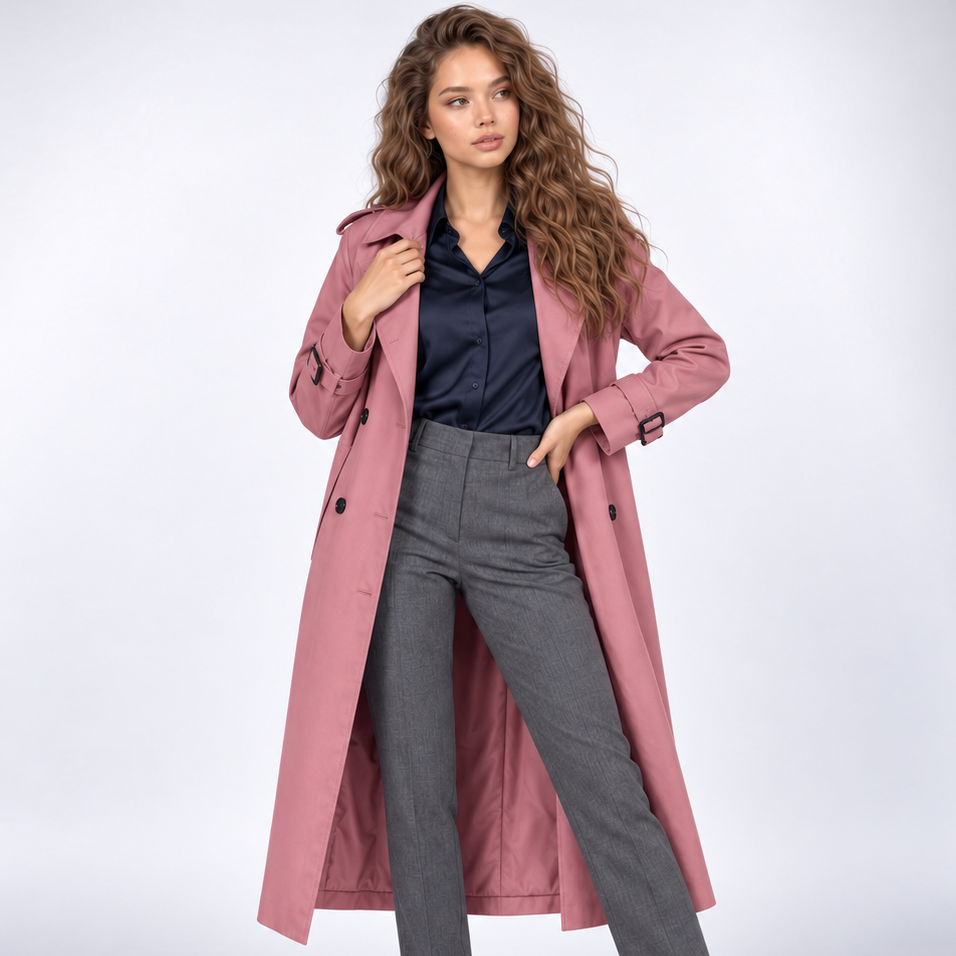 Trencz damski | Klasyczny długi płaszcz dwurzędowy | Elegancki fason