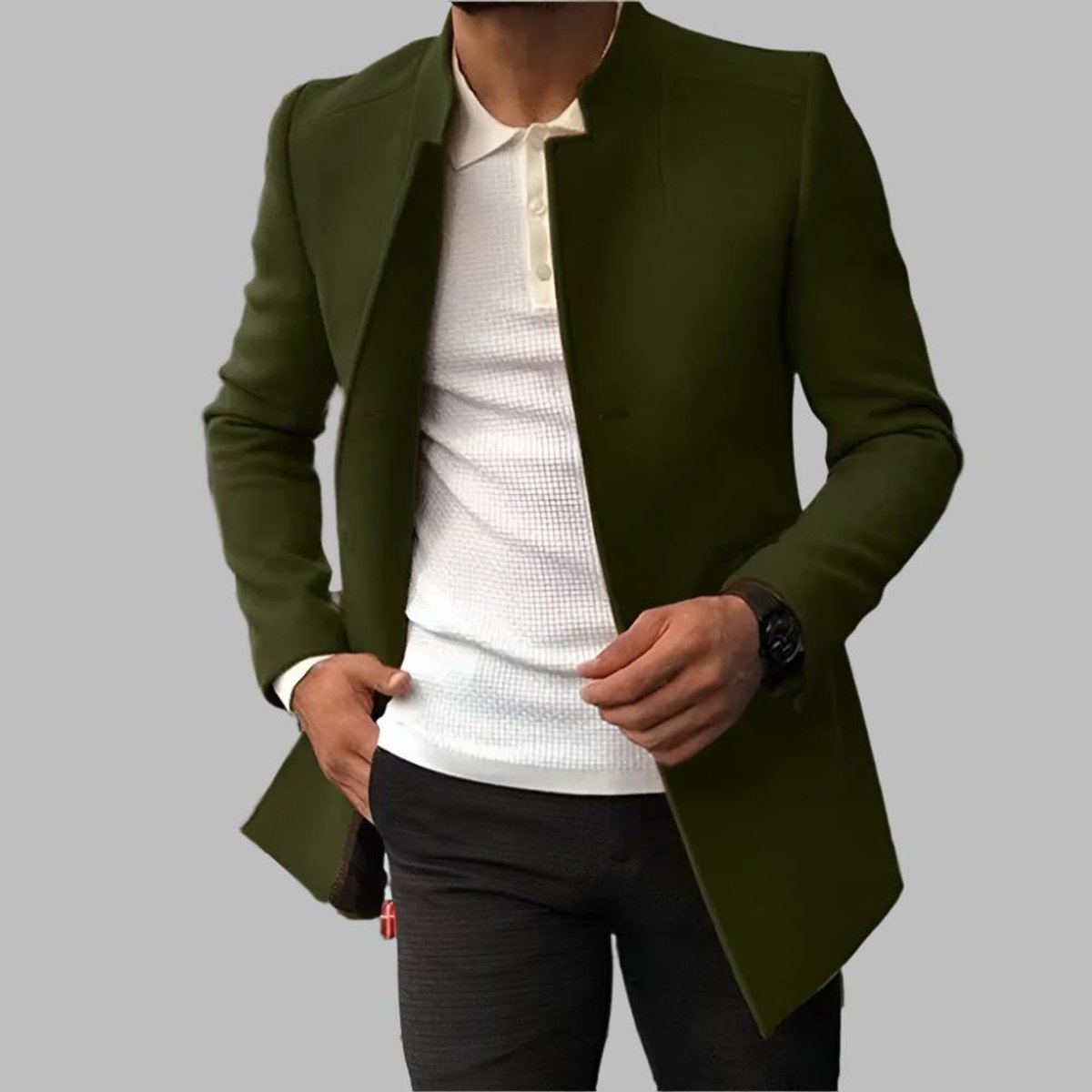 Męski wełniany płaszcz slim fit ze stójką