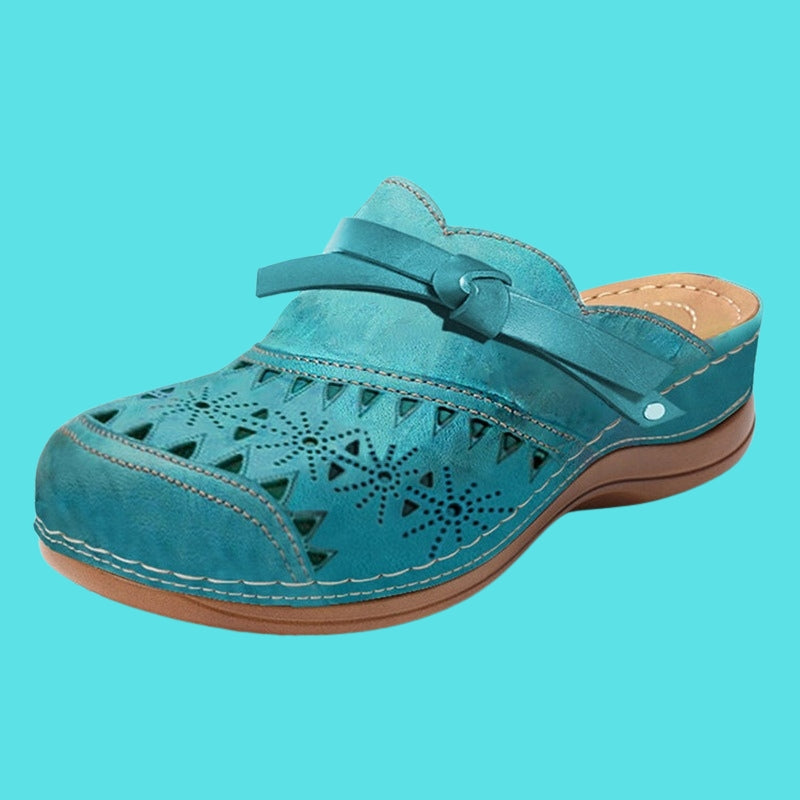 Women flat mules with bow detail slip on cushioned perforated finish