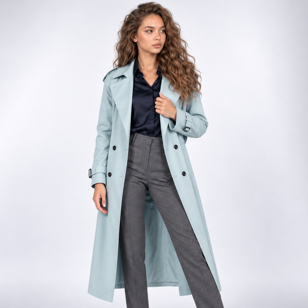 Trencz damski | Klasyczny długi płaszcz dwurzędowy | Elegancki fason