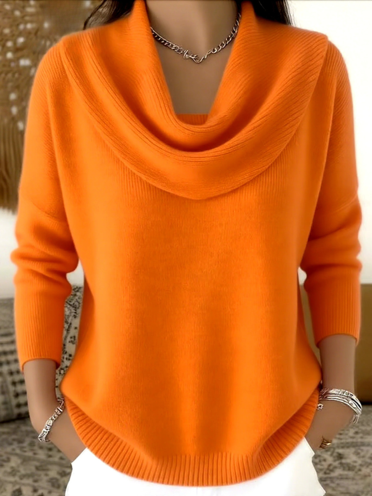 Damski Sweter Wełna Merino Długi Rękaw Cowl Neck