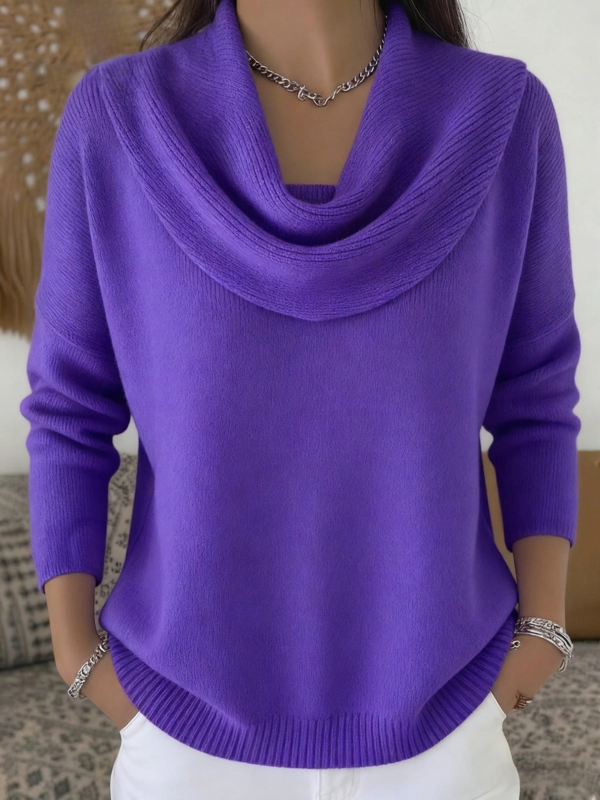 Damski Sweter Wełna Merino Długi Rękaw Cowl Neck