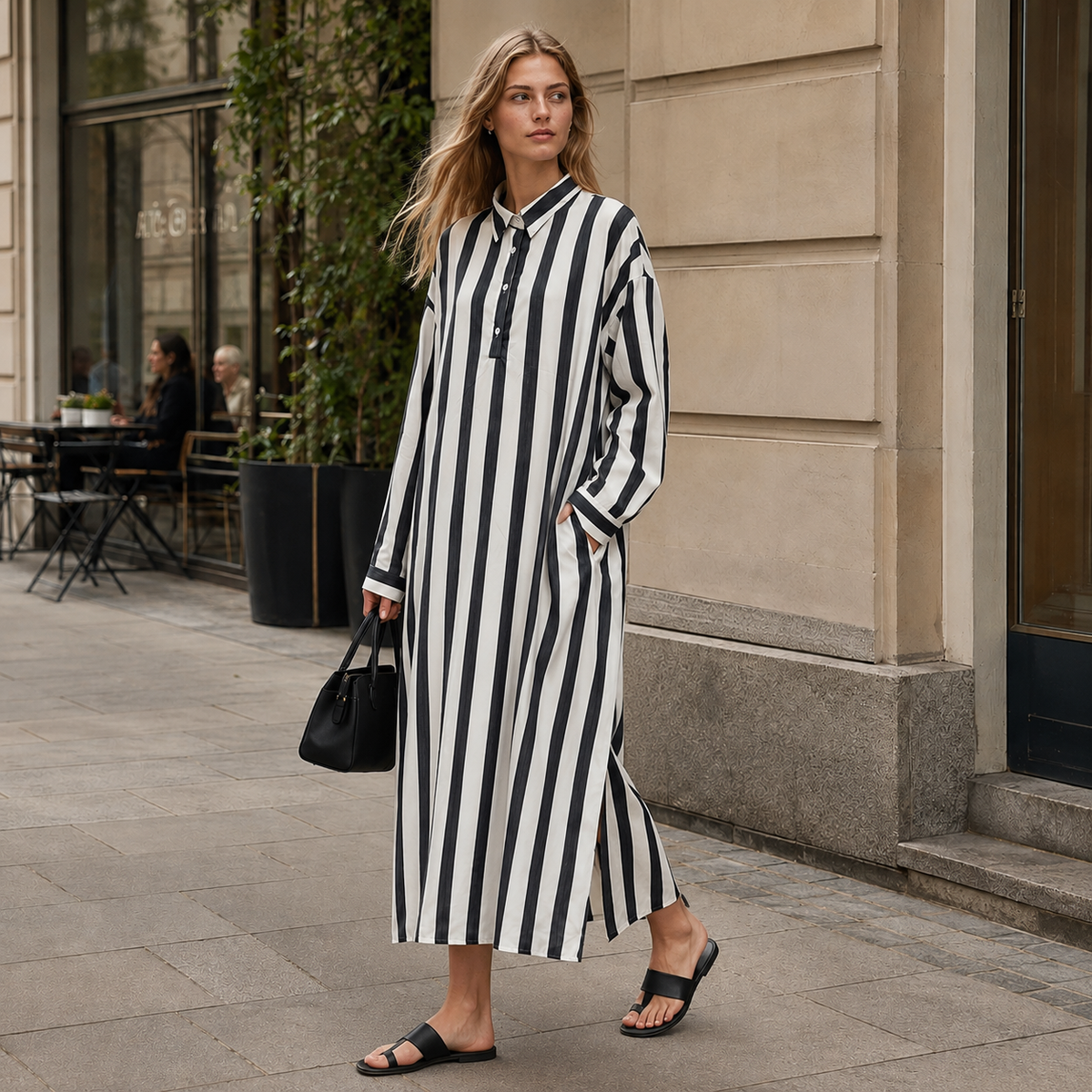 Damska Sukienka Maxi w Paski z Kołnierzem Koszulowym i Kieszeniami | Oversize | Letnia