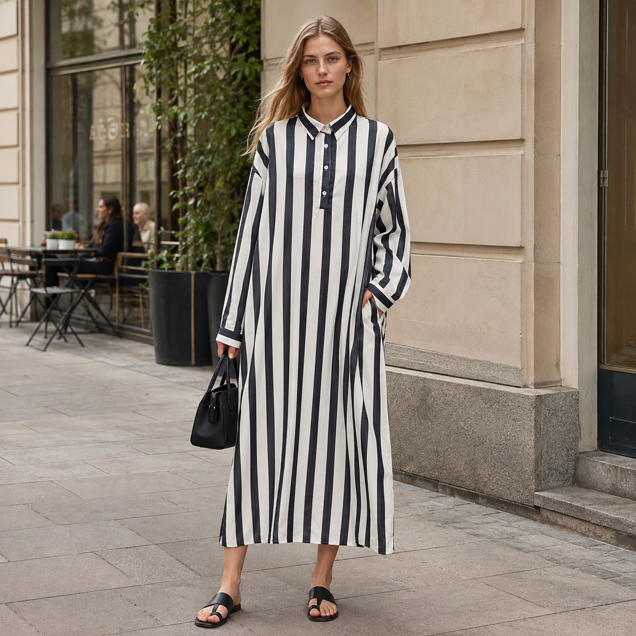 Damska Sukienka Maxi w Paski z Kołnierzem Koszulowym i Kieszeniami | Oversize | Letnia