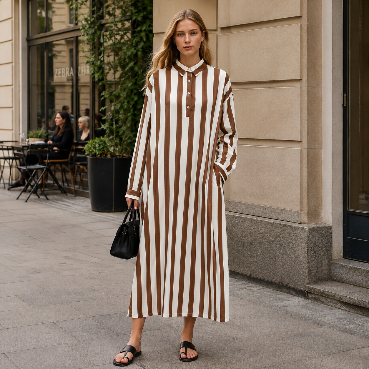 Damska Sukienka Maxi w Paski z Kołnierzem Koszulowym i Kieszeniami | Oversize | Letnia