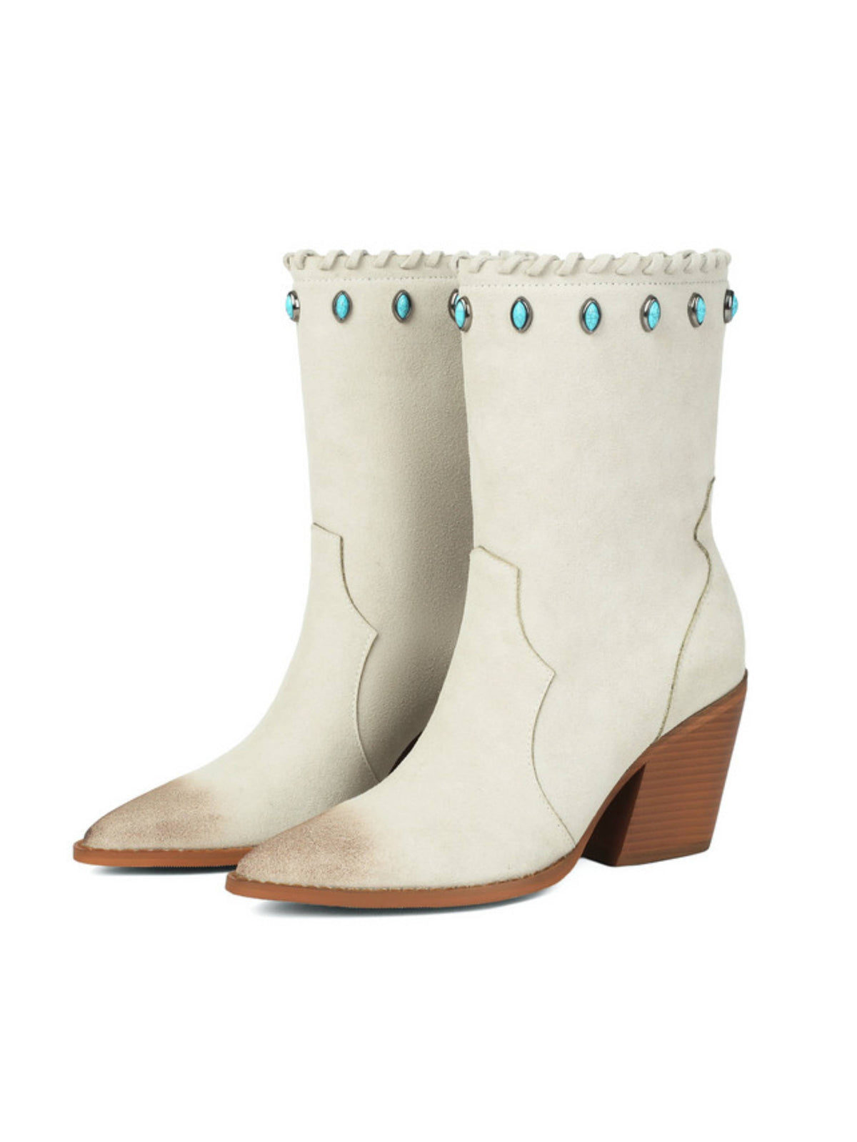 Damskie botki kowbojskie kremowe pointy toe z nitami turkusowymi plus size