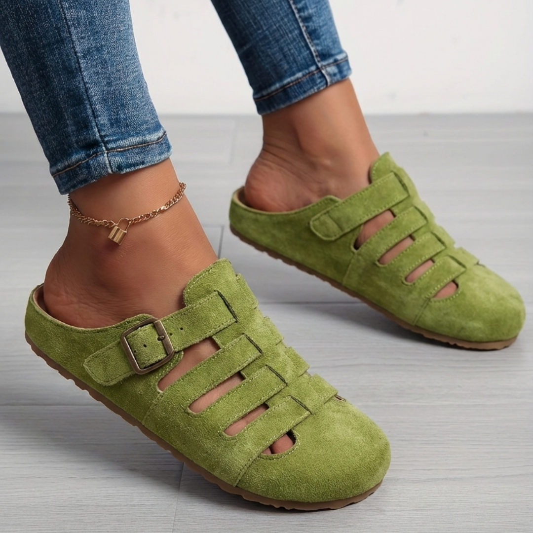 Women slip-on mule sandals with orthopedic footbed and adjustable buckle