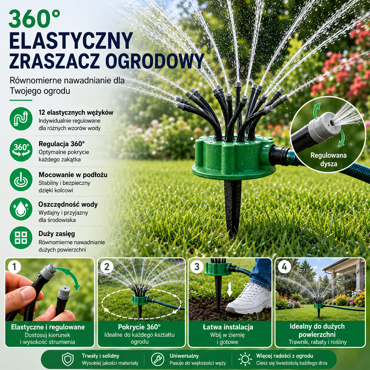 Liora | 12-w-1 system nawadniający ogród z rotacyjnym spryskiwaczem 360°