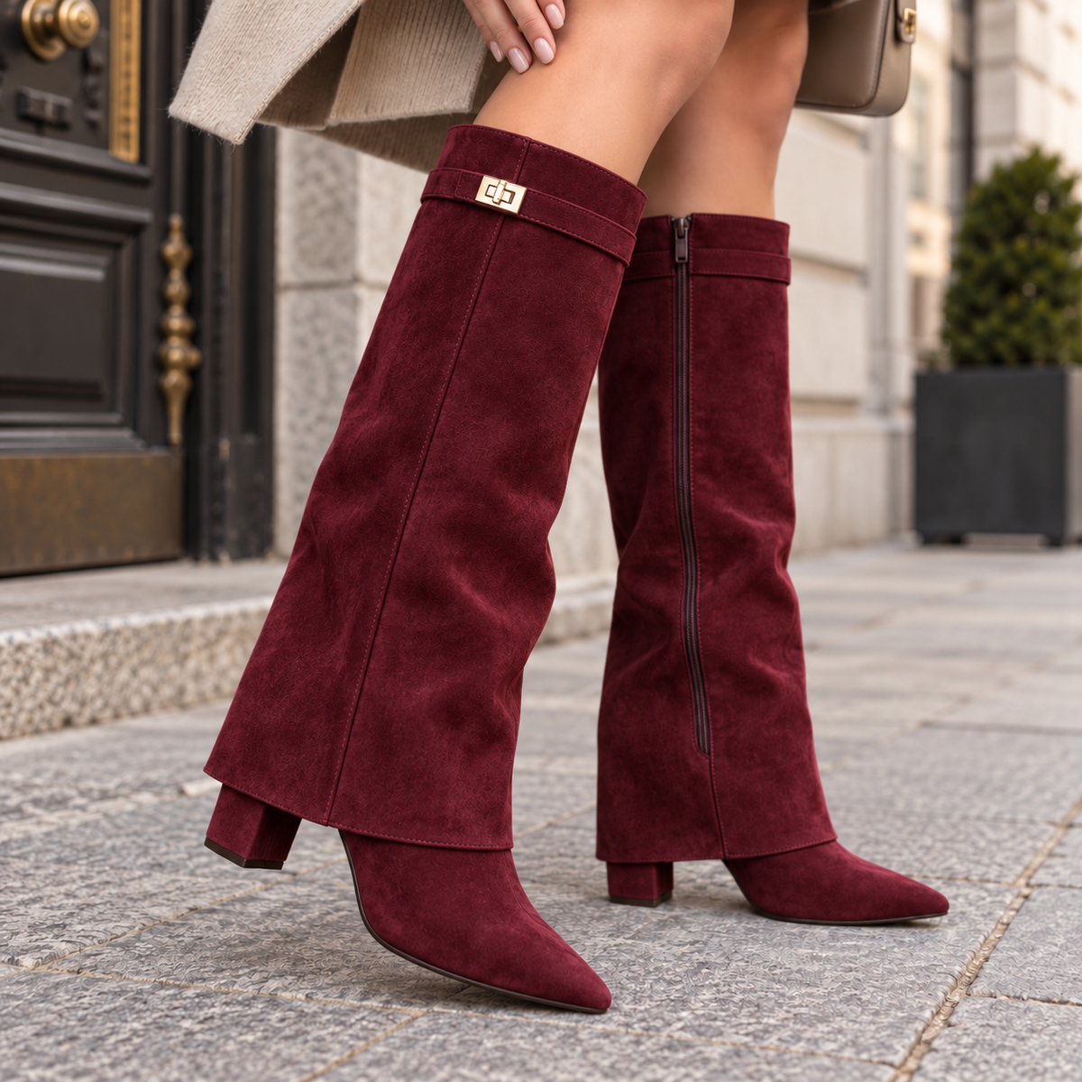 Buty damskie | Obcas blokowy, zamek błyskawiczny | Zamsz i skóra