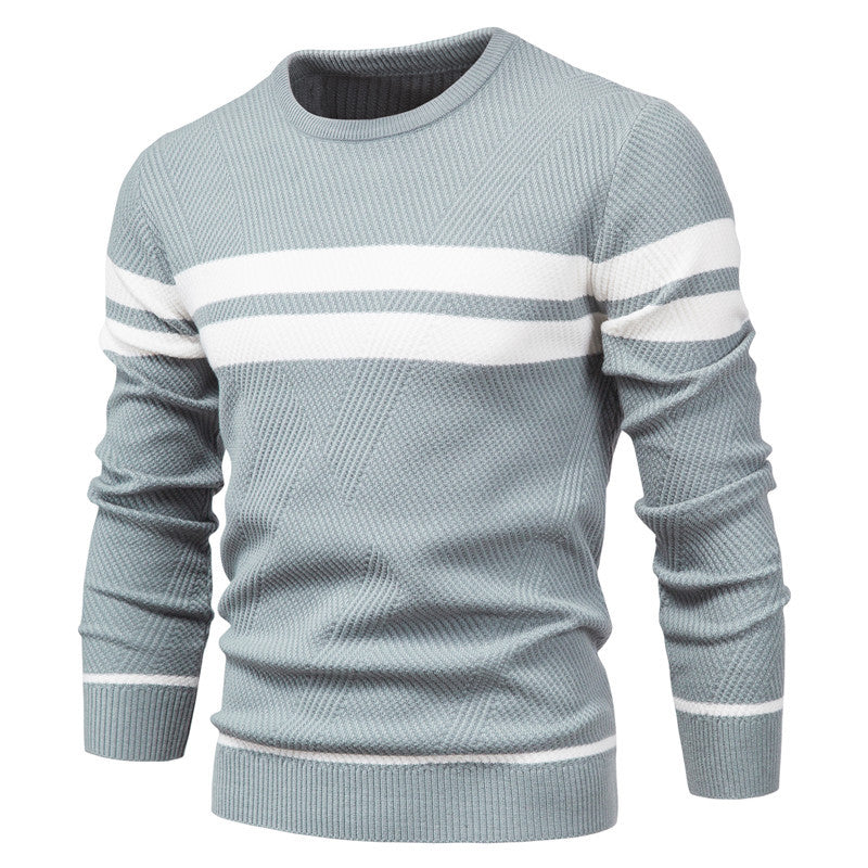 Męski sweter w paski - okrągły dekolt - klasyczny nowoczesny