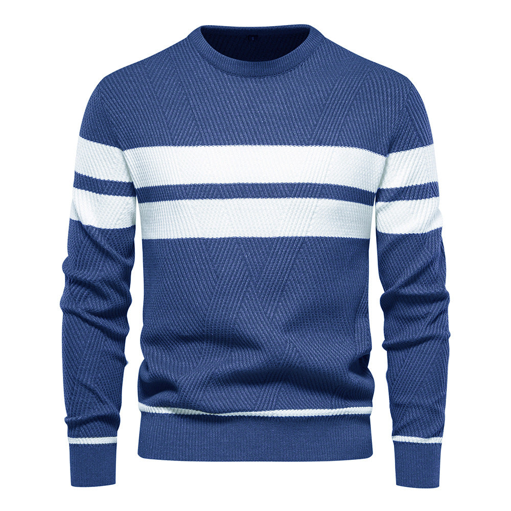 Męski sweter w paski - okrągły dekolt - klasyczny nowoczesny