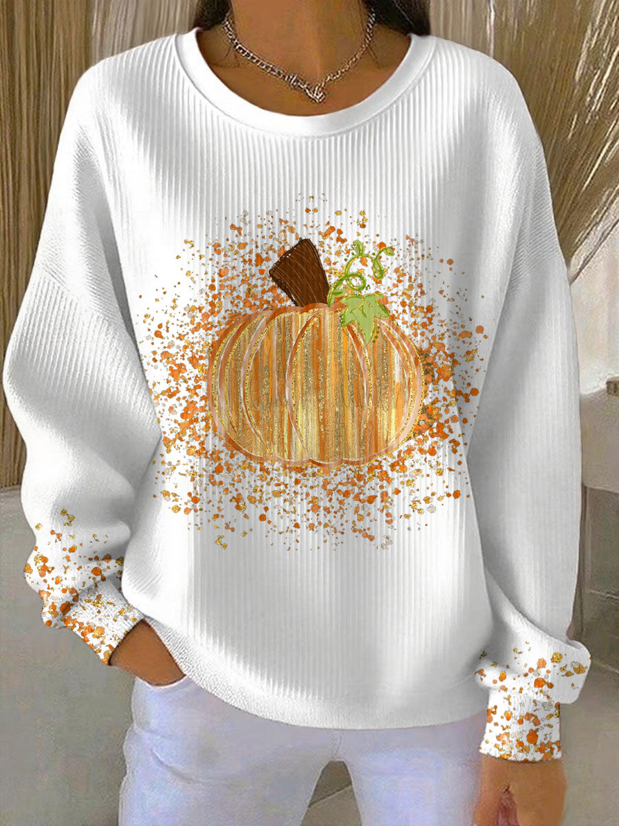 Damski sweter Halloween oversized z nadrukiem dyni i okrągłym dekoltem