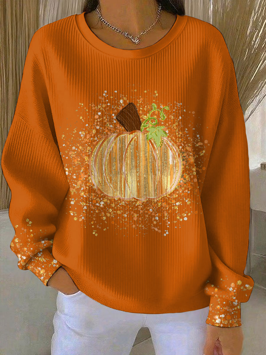 Damski sweter Halloween oversized z nadrukiem dyni i okrągłym dekoltem